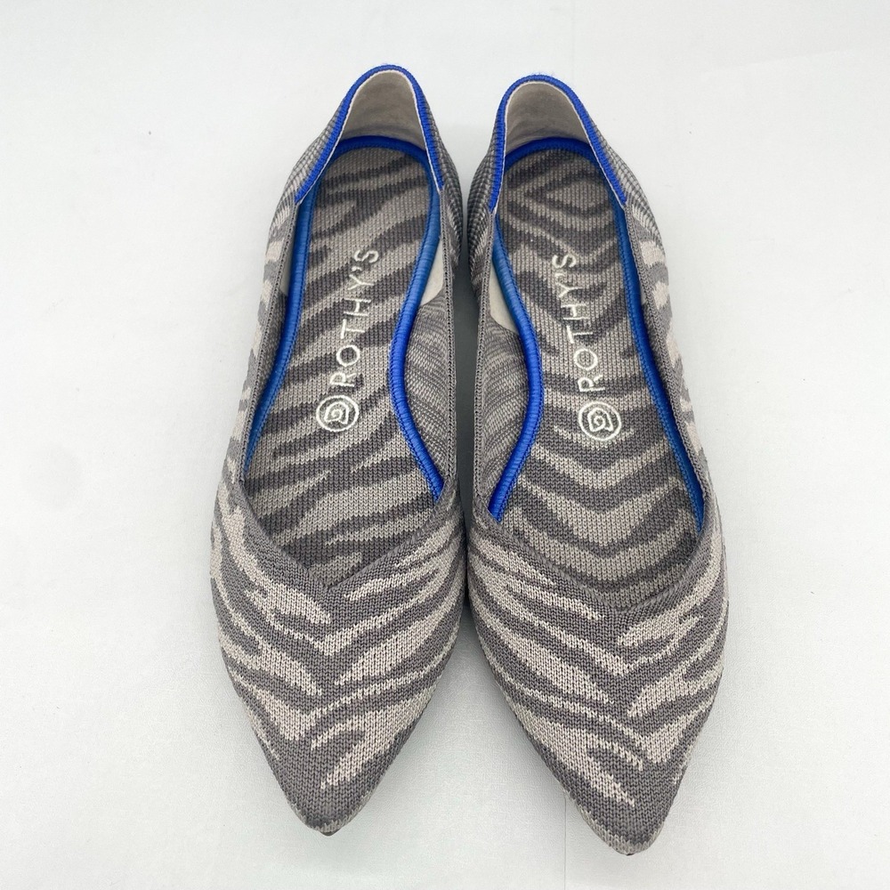 Rothy's Gray Zebra Pointed Flats with Blue Trim